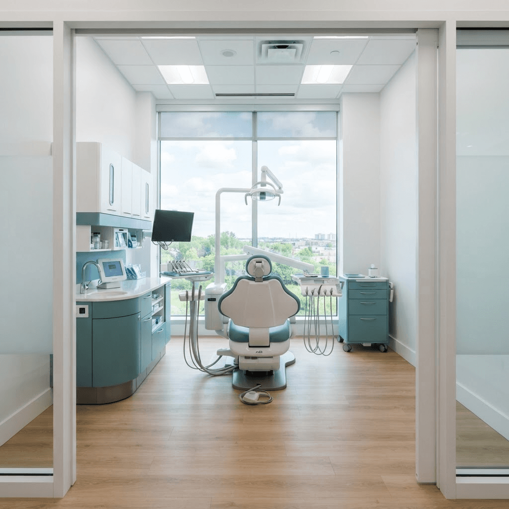 Modern dental treatment room with equipment and cabinets