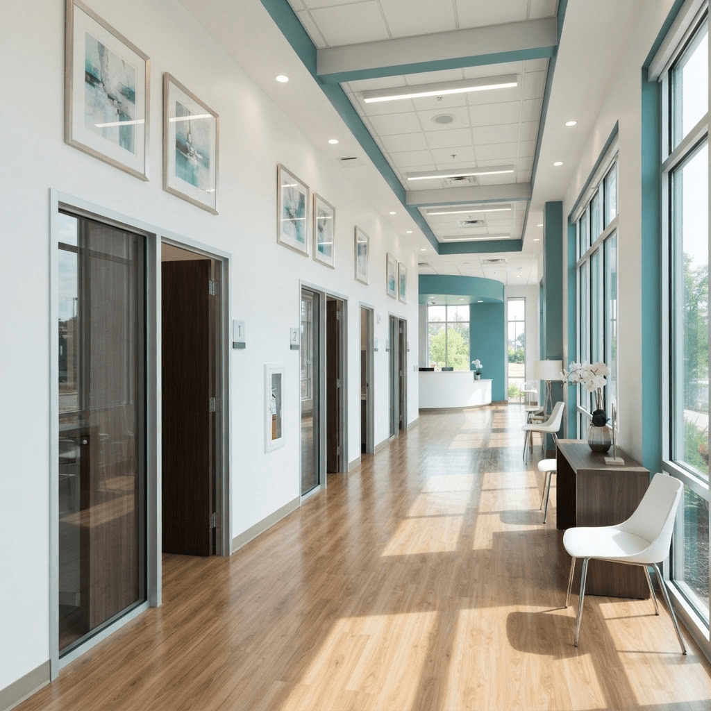 Bright clinic hallway with treatment rooms