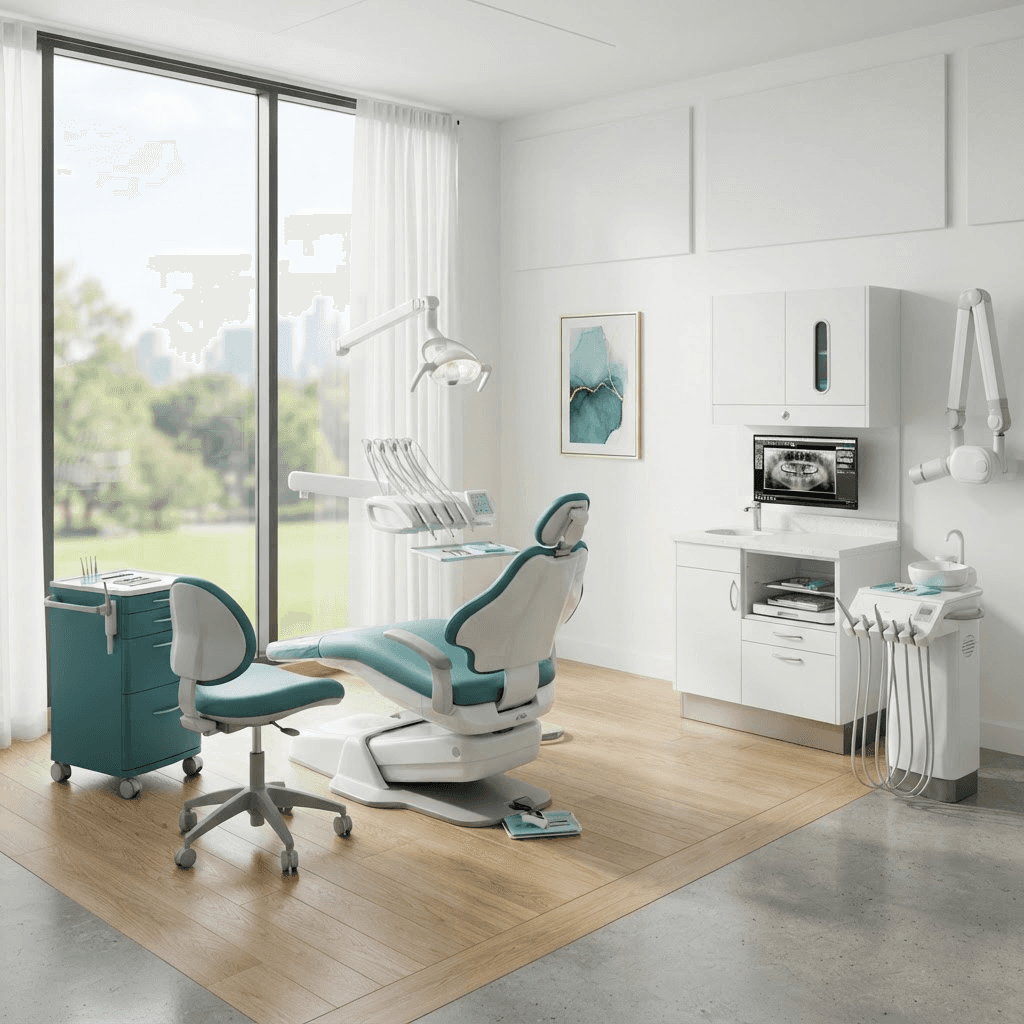 Treatment room with large window and modern equipment